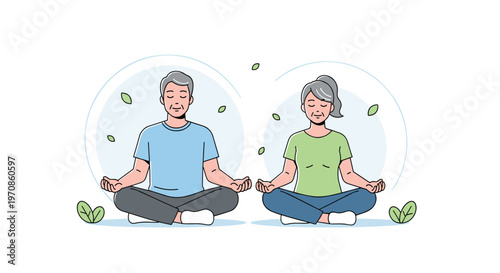 An older man and woman sit cross-legged in a meditative lotus position with floating green leaves and blue aura lines.