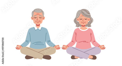 An older man and woman sit side-by-side in a meditative lotus position with their hands in a mudra gesture.