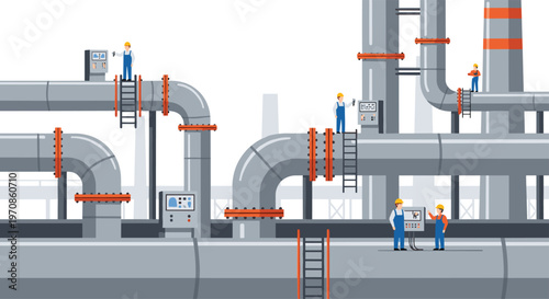 Multiple workers in hard hats are inspecting and operating a sprawling industrial pipeline network with control panels.