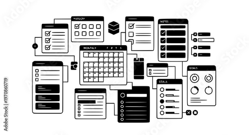 Modular Monthly Planner and Productivity Dashboard UI Black Silhouette Vector Illustration