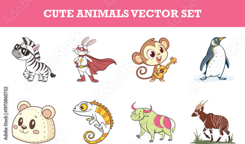 Adorable cartoon vector set of cute animals including zebra rabbit monkey penguin and more in fun poses