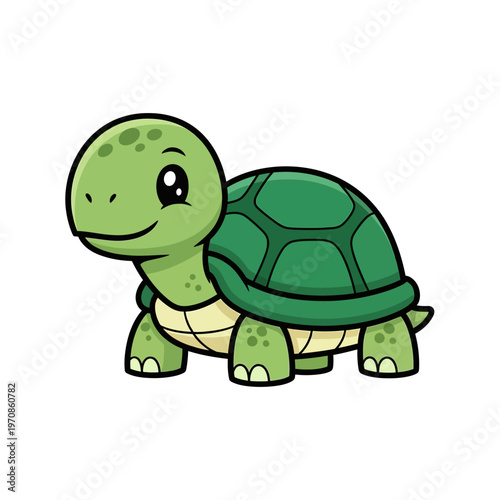 Smiling green cartoon turtle character walking.