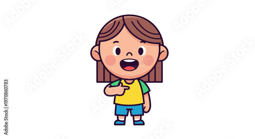 Smiling little girl pointing forward excitedly.