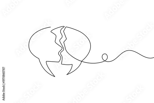 Continuous one line drawing of broken speech bubble. Minimalist failed communication outline vector