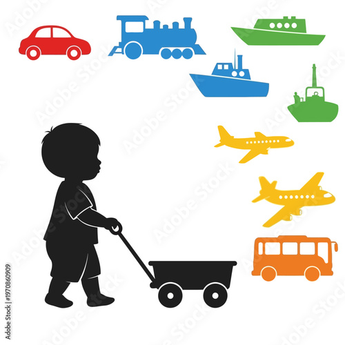 Toddler pulling toy wagon with vehicles.