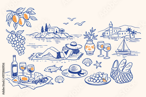 Italian Summer Vacation Doodle Style Vector Illustration Set with Hand Drawn Ink Coastal Elements, Italy Sea and Beach Prints for Wedding, Picnic and Beach Party Invitations