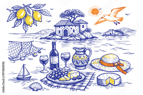 Italy Coast Summer Vacation Doodle Vector Collection with Hand Drawn Ink Sea and Beach Elements, Romantic Weekend Set for Wedding, Picnic and Beach Party Invitation Design