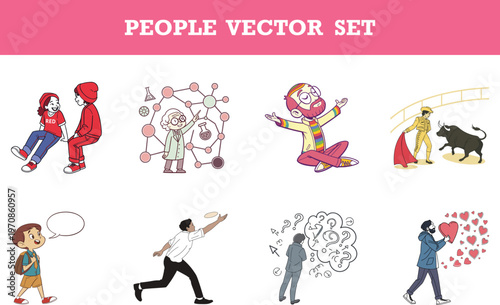 Cute and colorful cartoon vector illustration set featuring diverse people in various activities and professions for creative projects