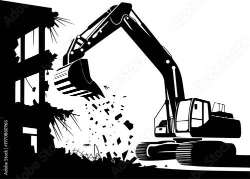 Black silhouette excavator demolishing concrete building debris flying during construction work