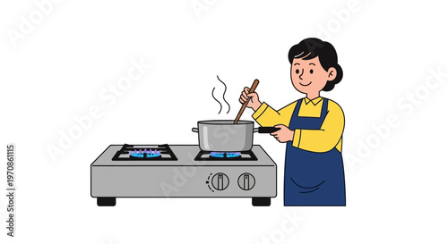Woman cooking on gas stove.
