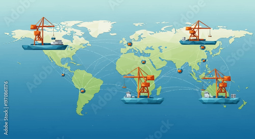 Global logistics network with cranes on ships connecting continents across the world map.