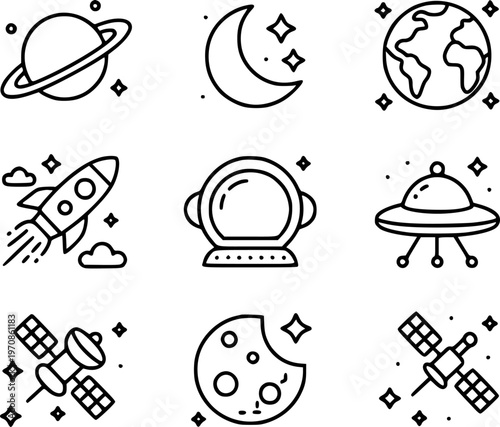 Collection of black and white line depicting space exploration and celestial bodies