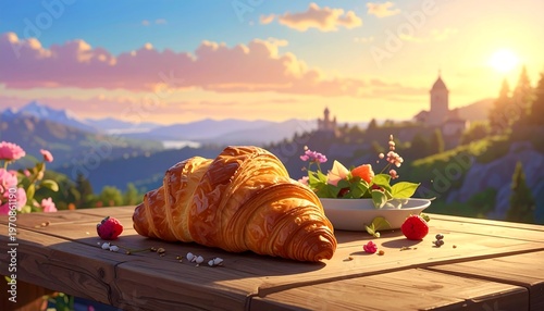 A serene breakfast setting with a croissant on a wooden table