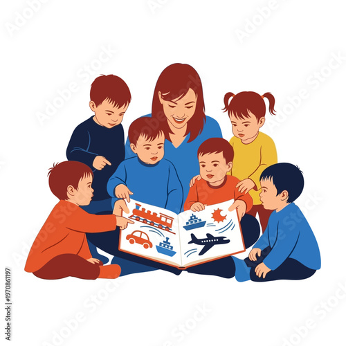 Woman reading to group of children.