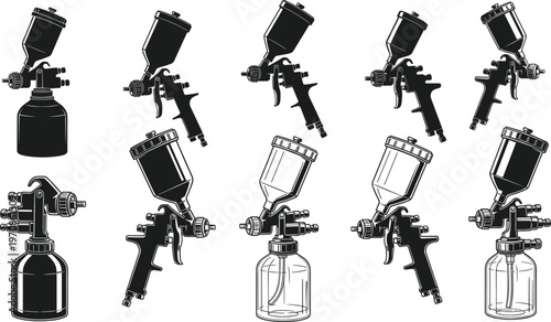 Set of spray gun silhouettes for painting and coating, industrial airbrush tools collection, automotive paint equipment vector isolated on white background design