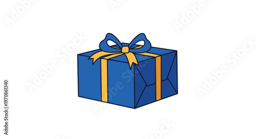 A simple blue gift box with a classic yellow ribbon and bow sits centrally on a plain white background.