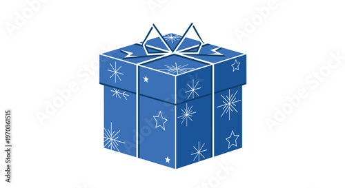 A blue gift box adorned with white snowflake and star patterns and a geometric white ribbon sits on a plain white background.