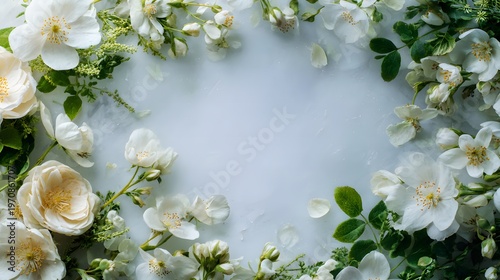 The image features a circular arrangement of white flowers and green leaves, creating a delicate floral border