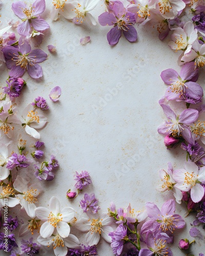 The image features a delicate arrangement of flowers in shades of purple, pink, and white, forming a border around a blank