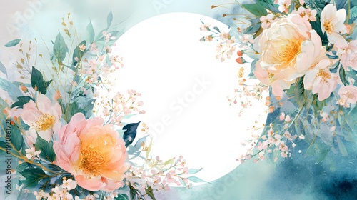 The image features a delicate floral arrangement with soft, pastel colored flowers framing a large