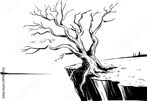 Stark bare tree with gnarled branches clinging to a cliff edge overlooking a vast expanse