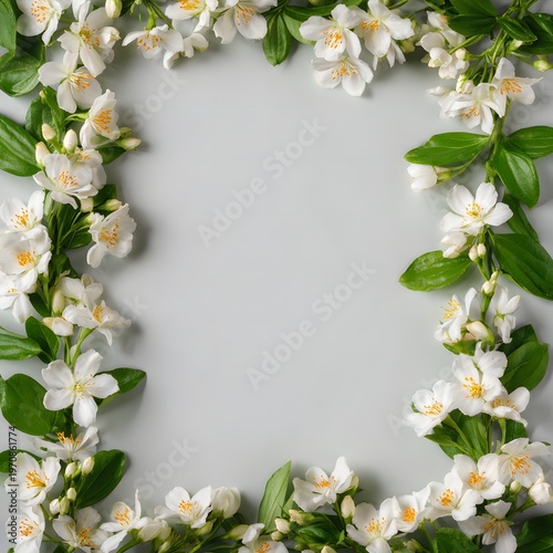 The image features a decorative border of white flowers with yellow centers and lush green leaves arranged around the edges