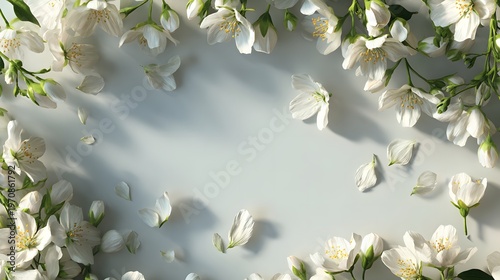 The image features an arrangement of delicate white flowers and petals scattered around the edges, creating an elegant border