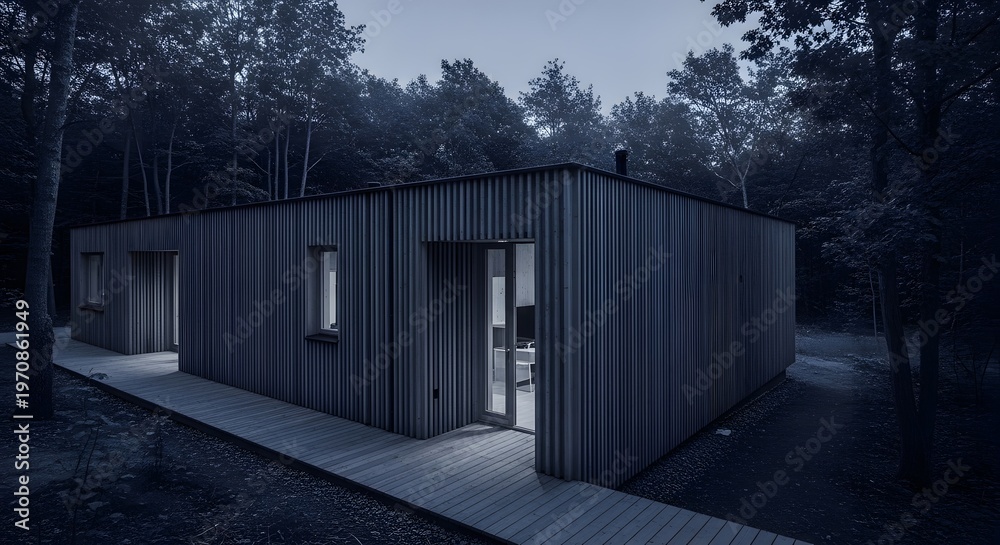 Fototapeta premium Modern Cabin in the Woods at Dusk, Minimalist Architecture
