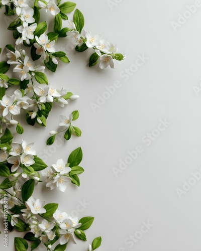 The image features a cluster of white flowers with yellow centers and lush green leaves arranged along the left side of a plain