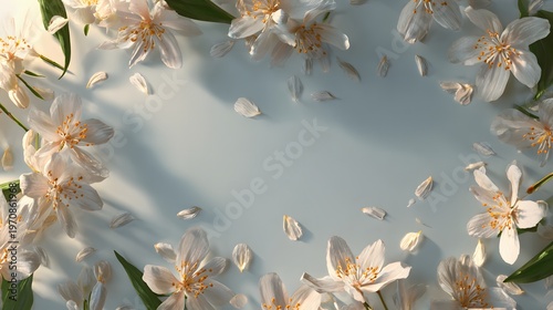 The image features a circular arrangement of white flowers with delicate petals and yellow stamens, set against a light