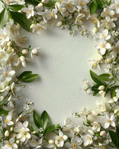 The image features a rectangular arrangement of white flowers with yellow centers, complemented by lush green leaves