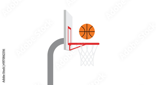 An illustrated basketball hoop with a grey pole, white backboard, and red rim shows a brown basketball positioned above the net on a white background.