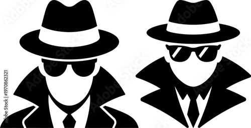 Two mysterious figures wearing fedora hats and sunglasses in silhouette style