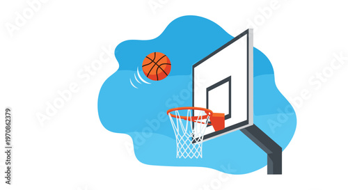 A basketball is shown in mid-air, approaching a white backboard with an orange rim and net, set against an abstract blue background.