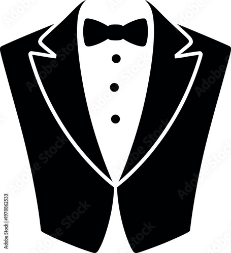 Elegant black tuxedo illustration with a classic bow tie and lapels.