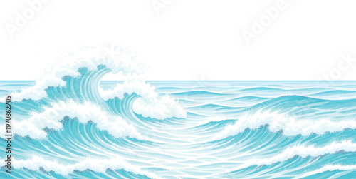 A digital illustration of rolling turquoise ocean waves crashing against a clear white background isolated on white background, Vector, illustration