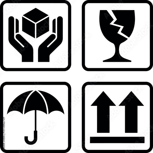 Four icons representing fragile, heavy, wet, and handling instructions for shipping packages