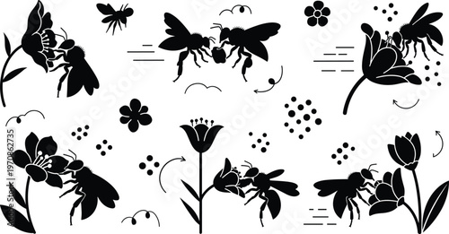 Bee pollination silhouettes set with flowers and flying insects black floral elements nature ecology vector illustration collection
