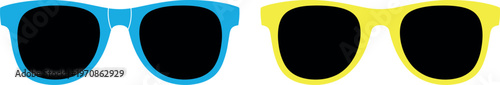 Pair of stylish sunglasses in bright blue and vivid yellow frames side by side