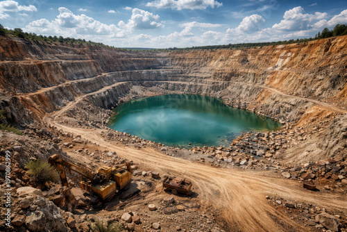 A large open-pit mine with a turquoise water body at the bottom.