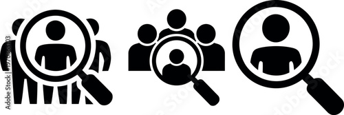 Icons depicting various levels of group and individual scrutiny through magnifying glasses