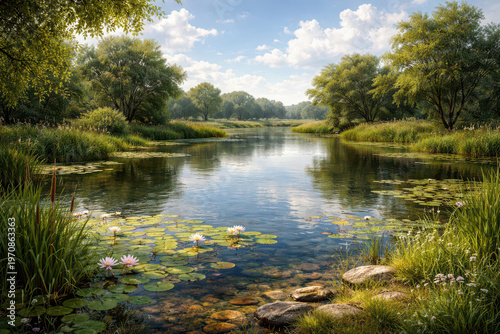 A serene river landscape with lily pads and lush greenery under a blue sky.