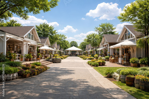 Charming outdoor shopping area with greenery and shops under blue skies.
