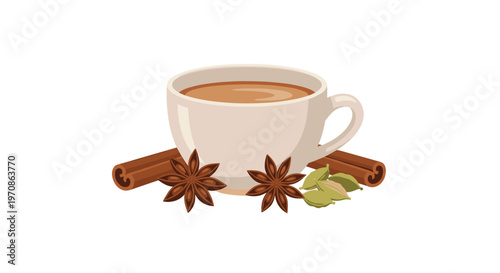 A white cup of chai tea is presented with cinnamon sticks, star anise, and cardamom pods on a clean white background.