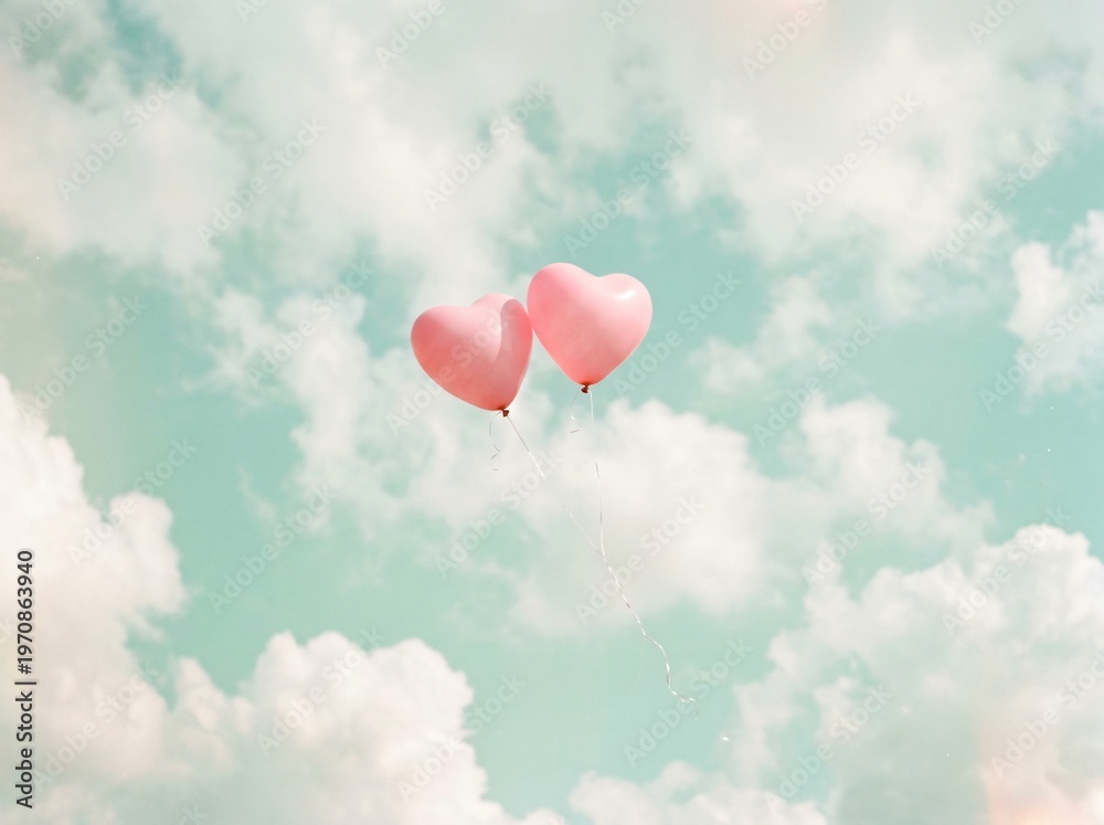 Fototapeta premium Two heart-shaped balloons floating joyfully in the sky with a lovely cloudscape background