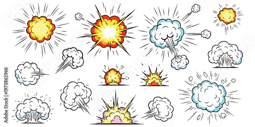 A collection of colorful hand-drawn cartoon explosions and smoke clouds for comic book art design isolated on white background, Vector, illustration