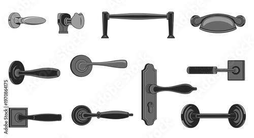 A collection of eleven gray door handles, knobs, and pulls in various styles is displayed on a white background.