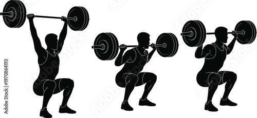 Weightlifting athlete silhouettes performing barbell squat and overhead press exercises, showcasing strength training, powerlifting technique, fitness workout routine and muscular body conditioning