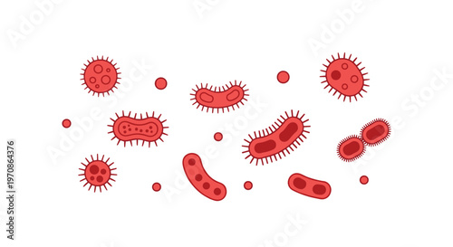 A central collection of ten distinct red bacteria and virus shapes is arranged on a white background.
