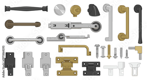 A large collection of various door hardware components, including handles, hinges, latches, and screws, is arranged on a white background.